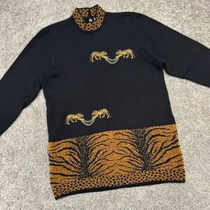 Vintage Cache Sweater Tiger‎ Embroidered Animal Print Women Size Medium Gold